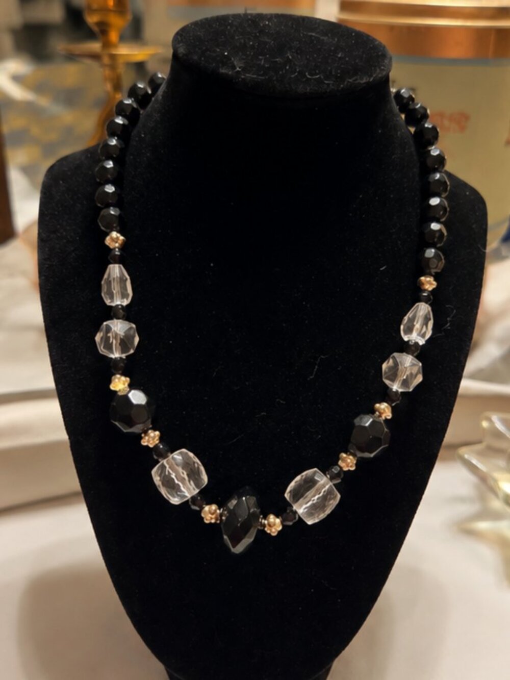 Black & Clear Faceted Glass Bead Statement Necklace